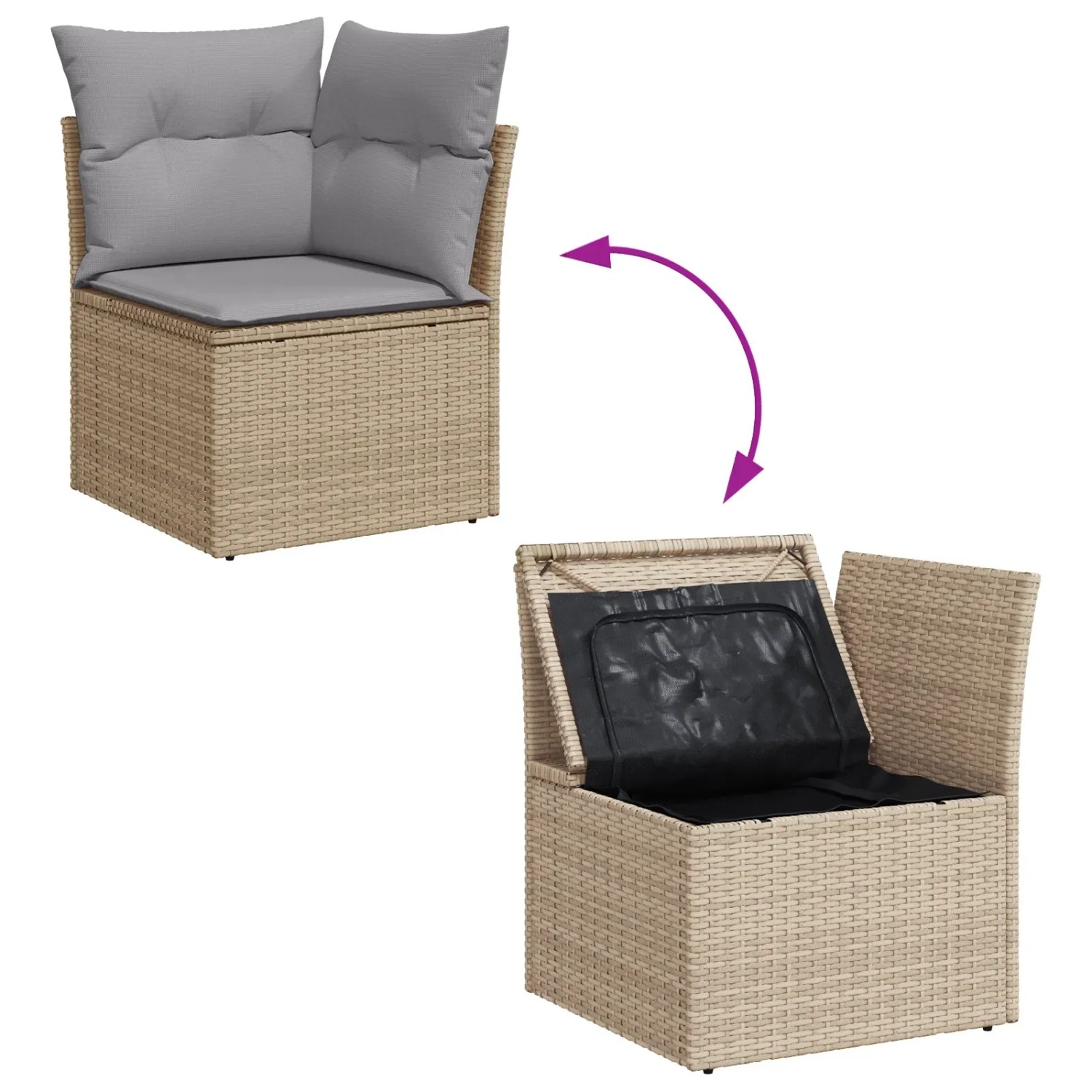vidaXL Gartenmöbel-Set mit Stauraum, 8-teilig, beige Poly Rattan. Sofa mit geöffnetem Staufach.