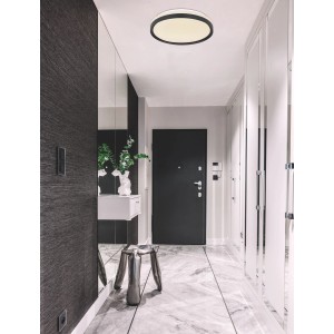 Moderne LED-Deckenleuchte Sonny, schwarz/weiß, Ø 39cm, dimmbar, mit Nachtlichtfunktion im Flur.