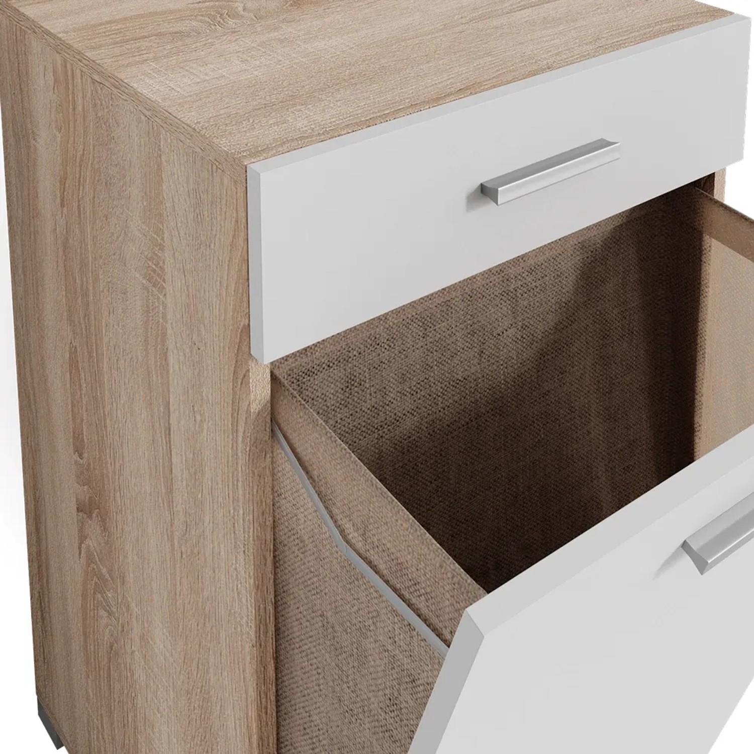 Vicco Badschrank Matteo in Sonoma/Weiß mit Schublade und Wäschekippe, Detailansicht.