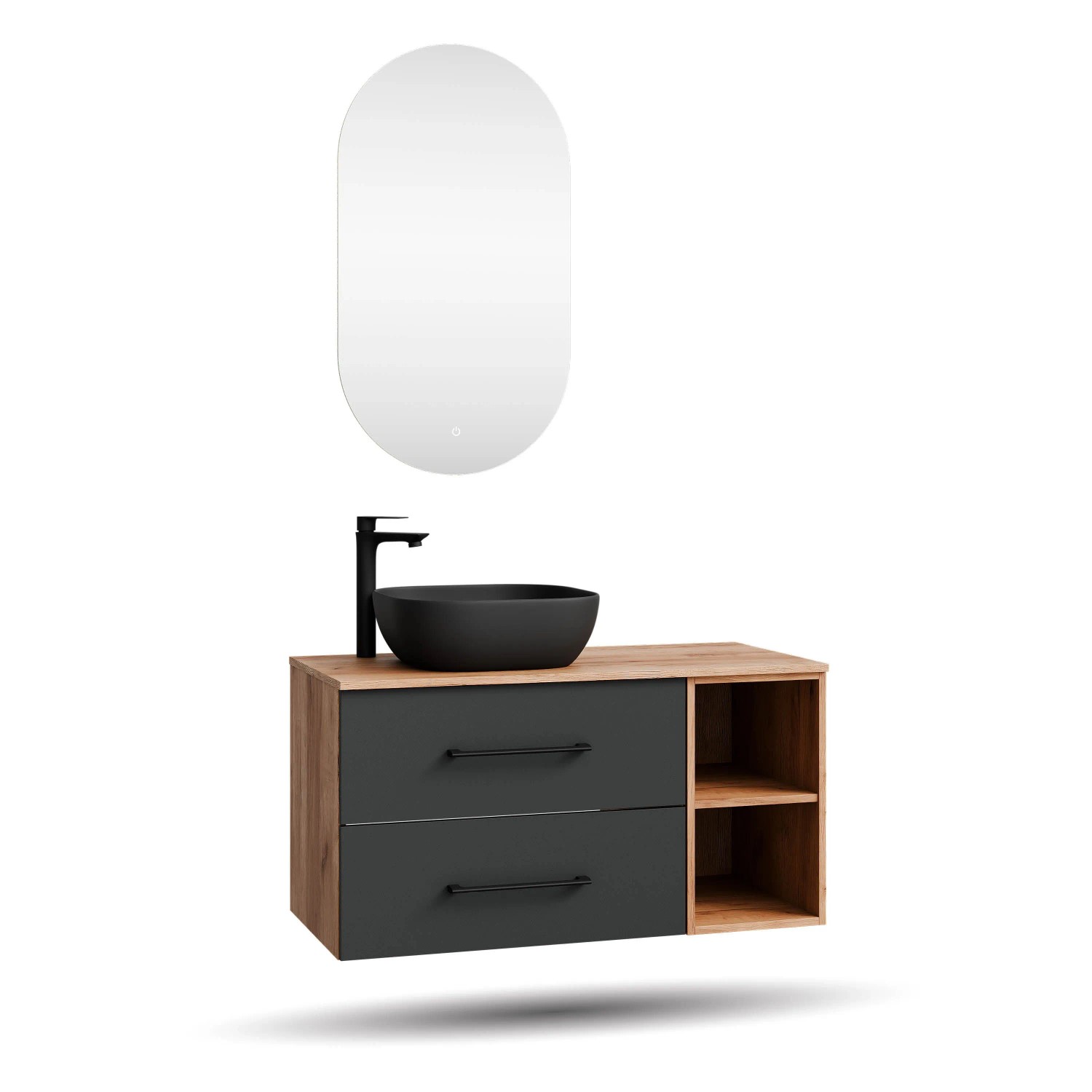 Planetmöbel LUX Badmöbel Set 100 cm mit Aufsatzwaschbecken 42,5 cm Schwarz LED Spiegel Soft Close
