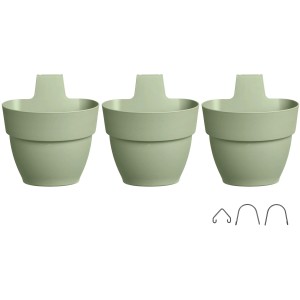 Elho Vibia Campana Hängetöpfe, 3er Set, pistaziengrün, mit Haken für Geländer bis 6 cm Breite.