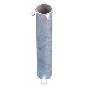 Feuerverzinkte Schake Bodenhülse für 60 mm Rohrpfosten mit zwei Verschraubungen.