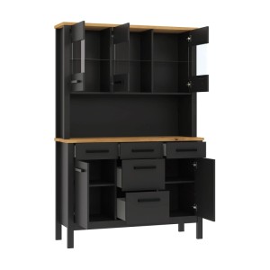 OBI Buffet Veneto Anthrazit mit Artisan Eiche-Nachbildung. Dunkelgraues Stauraummöbel mit offenen Türen, Schubladen und Holzplatte.