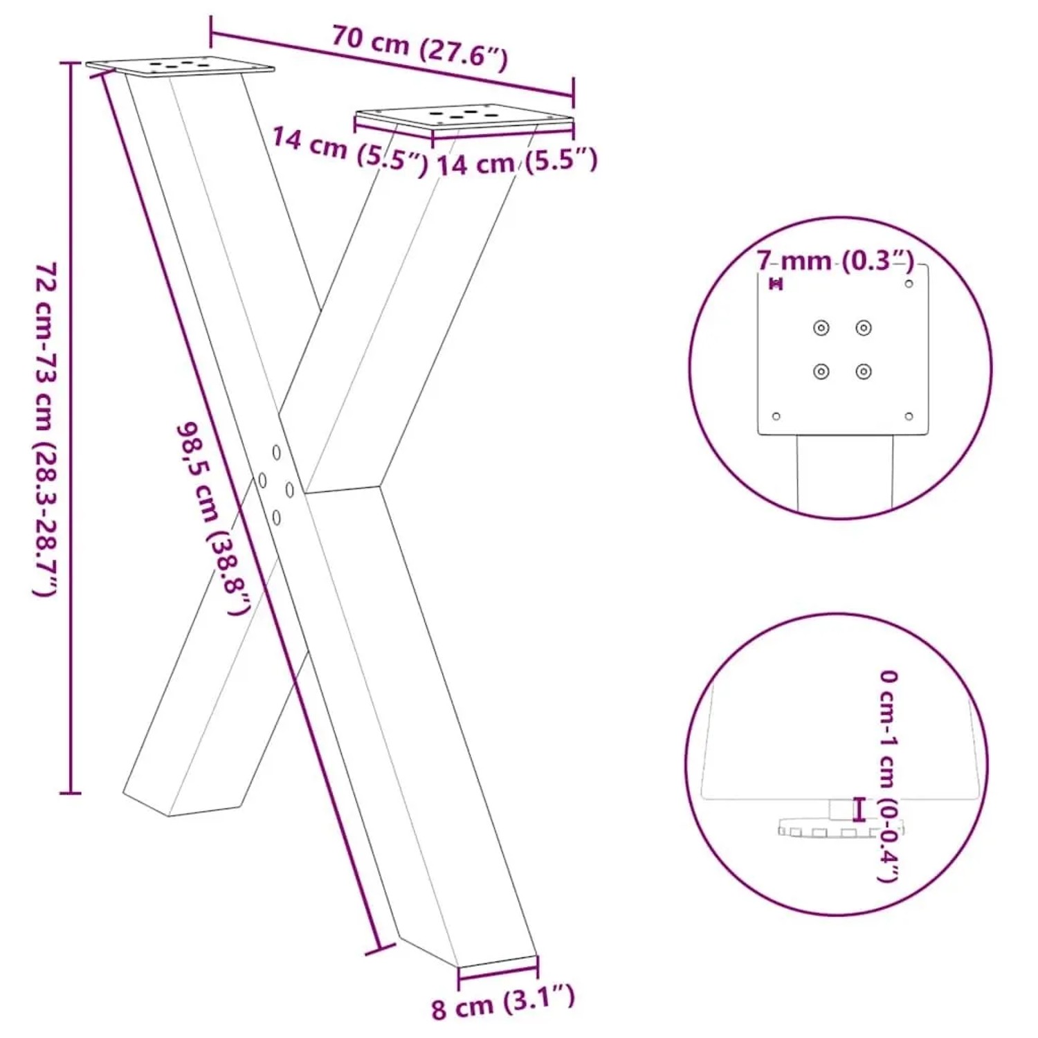vidaXL Esstischbeine X-Form, 2 Stk., schwarz, Stahl, Maße: 70x72-73 cm.