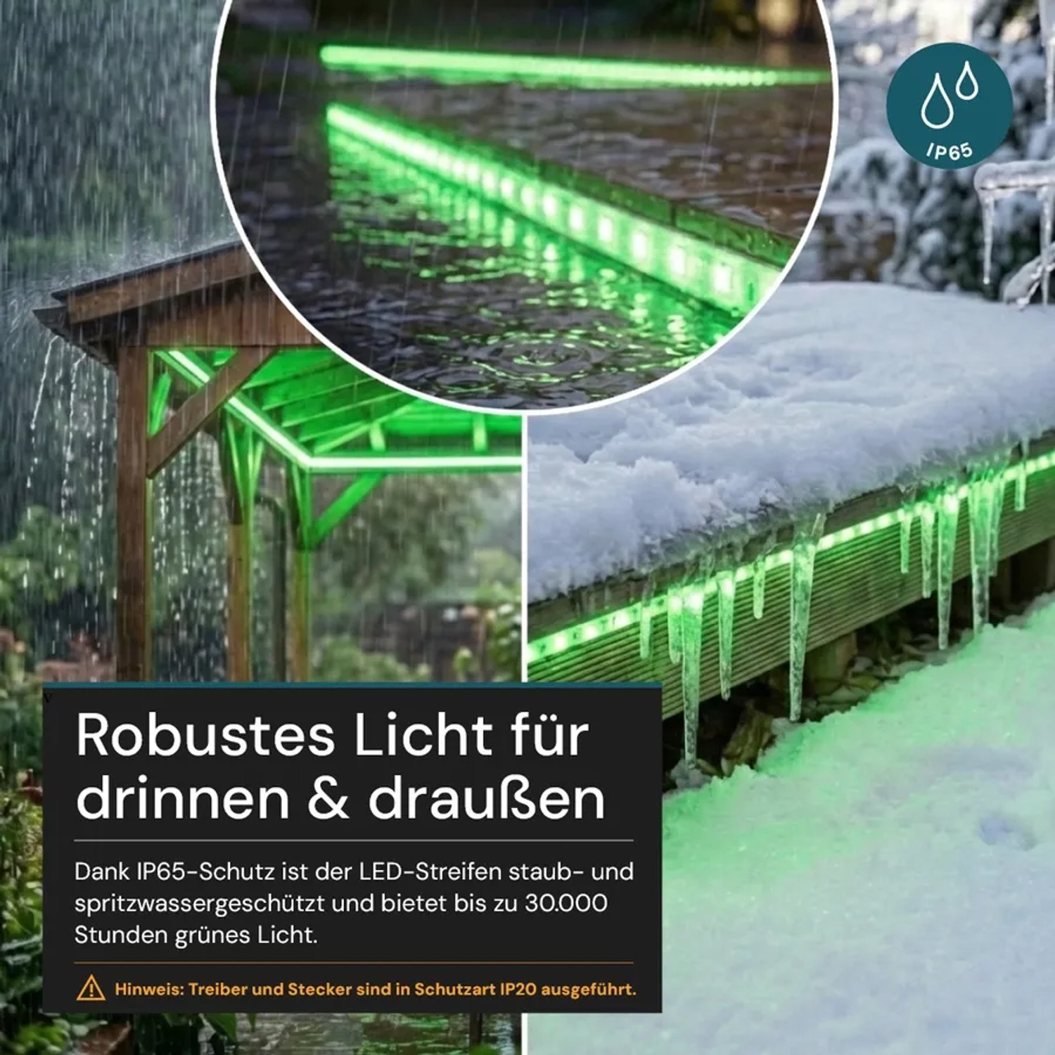 Grüner LUXULA LED Streifen als Weihnachtsbeleuchtung im Aussenbereich, IP65 wassergeschützt.
