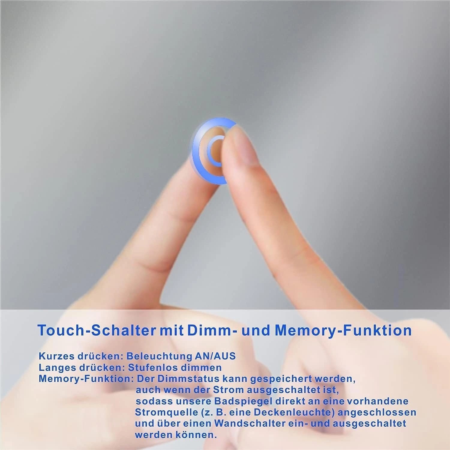 Detailaufnahme: Finger bedient Touchschalter mit Dimmfunktion am LED Badspiegel.