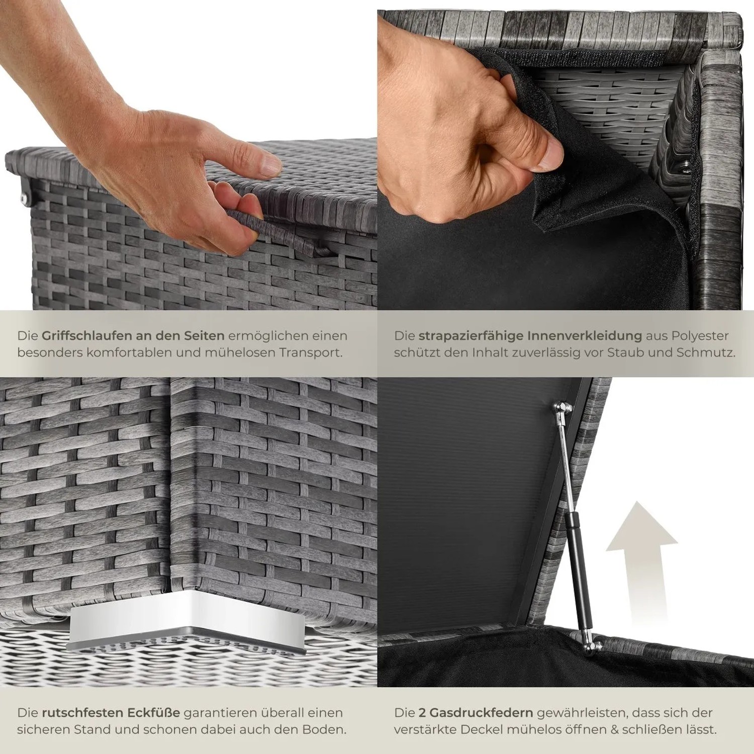 Tectake Auflagenbox Oslo, 750 L, grau, mit Rattangeflecht, Griffschlaufen, Eckfüße und Innenverkleidung.