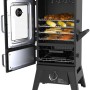 El Fuego Portland W2 Gasgrill/Smoker, schwarz, mit offener Tür und Lebensmitteln auf Rosten.