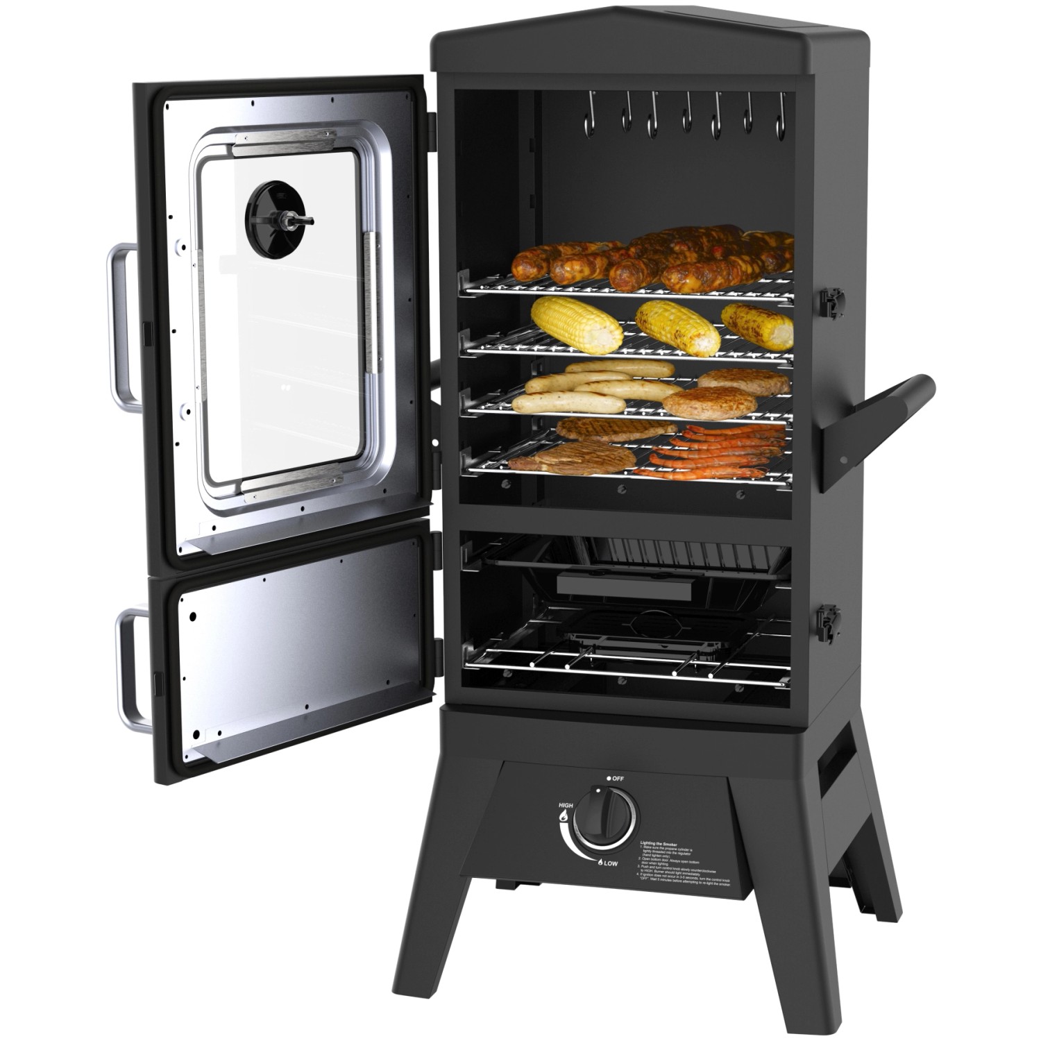 El Fuego Portland W2 Gasgrill/Smoker, schwarz, mit offener Tür und Lebensmitteln auf Rosten.