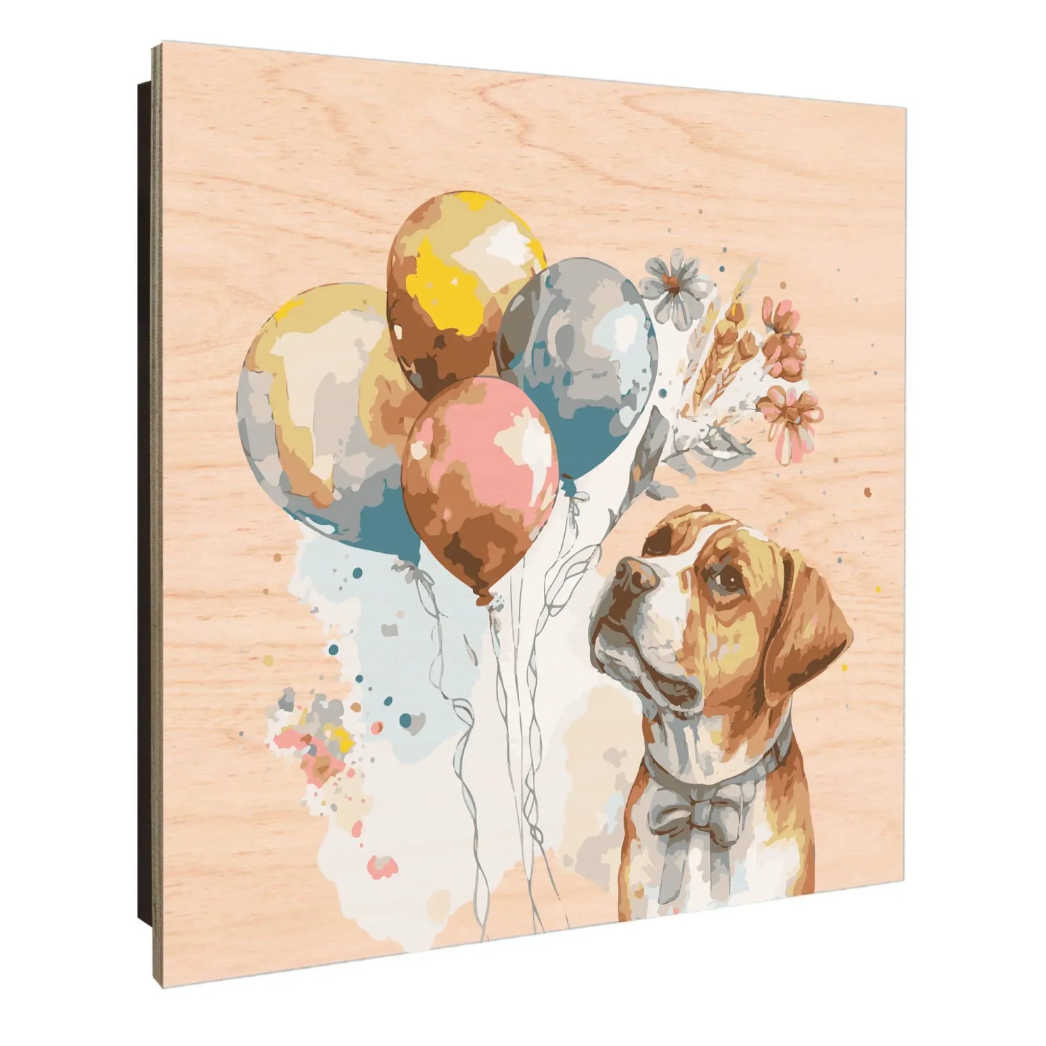 Banjado Schlüsselkasten Holz, 30x30cm, Motiv Fröhliche Hundeparade mit Ballons. Schlüsselbox für 50 Schlüssel.