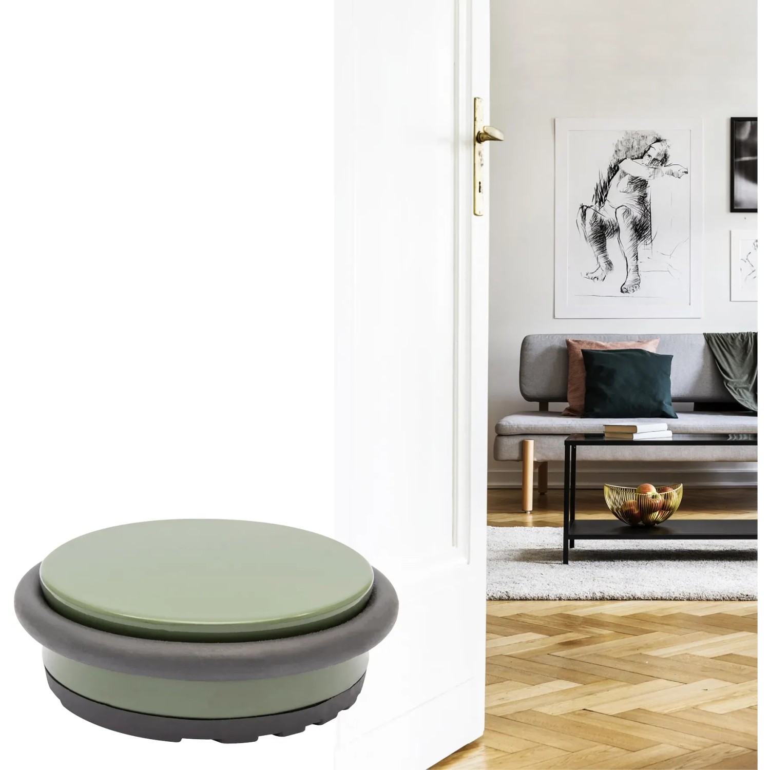 Olivgrüner Wagner Bodentürstopper Big Disk Color aus Stahl mit Gummiring zum Hinstellen.