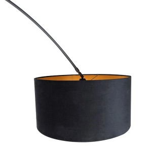 QAZQA Bogenlampe, schwarz mit goldenem Velours-Schirm (50 cm). Elegante Innenleuchte.