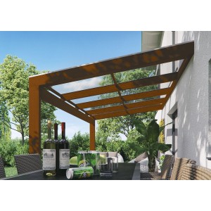 Skan Holz Terrassenüberdachung Novara, 450x309 cm, Nussbaum, mit klarer Doppelstegplatte.
