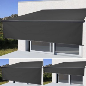 Anthrazitfarbene MCW Kassettenmarkise 4x3m mit Volant ausgefahren vor Fenster.