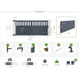 Casanoov Schiebetor & Gartentür Set Santis, 140 cm hoch, Aluminium grau, mit Maßangaben.