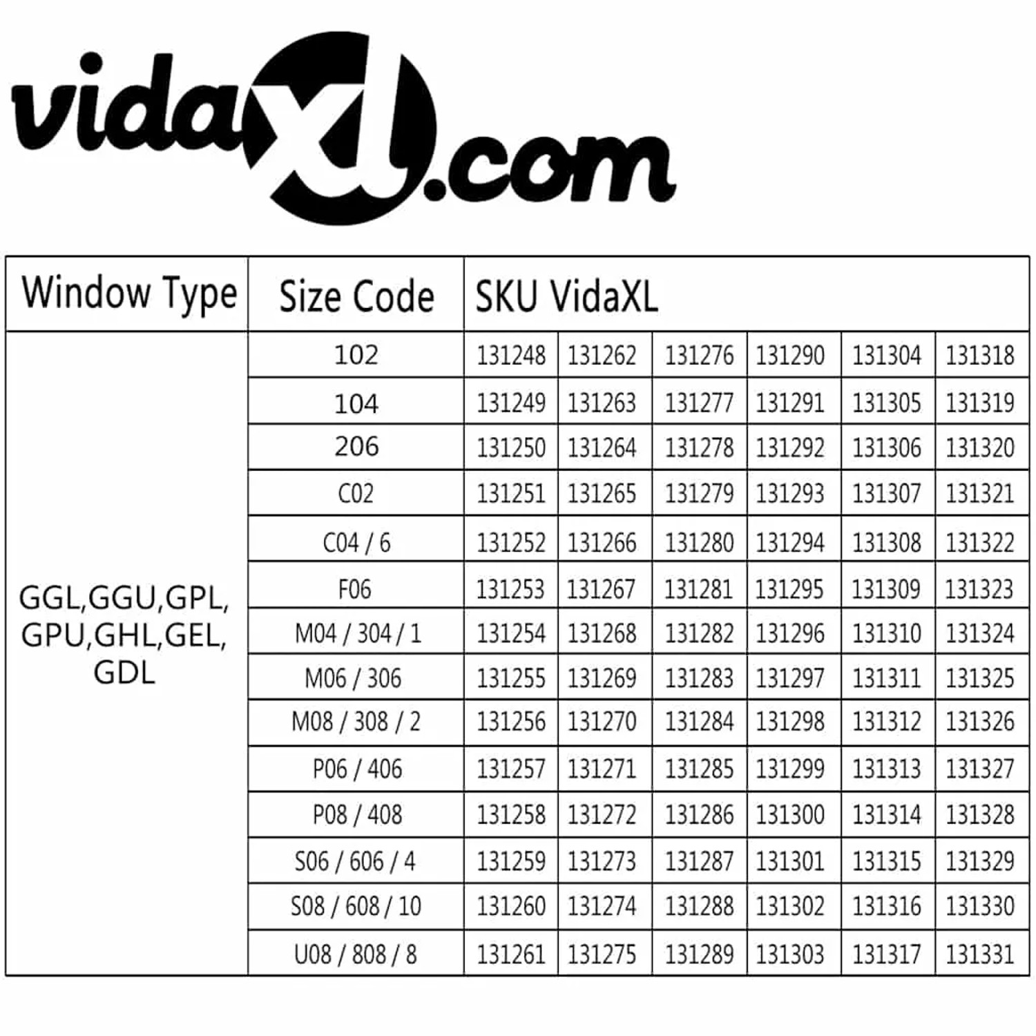 Größentabelle für vidaXL Verdunkelungsrollo Grau S08/608, passend für Velux Fenster.