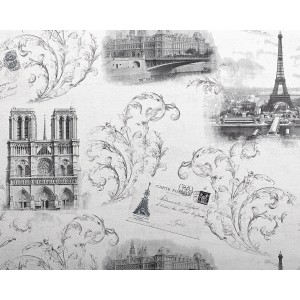 Schimmernde Vliestapete mit Paris Motiven (Eiffelturm, Notre Dame) in Weiß und Grau.