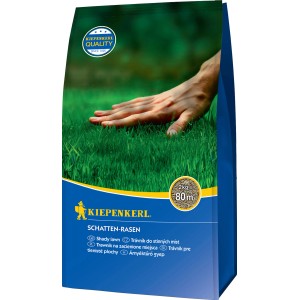 Kiepenkerl Schattenrasen 2kg Packung mit Hand auf Rasenfläche. Ideal für schattige Lagen.