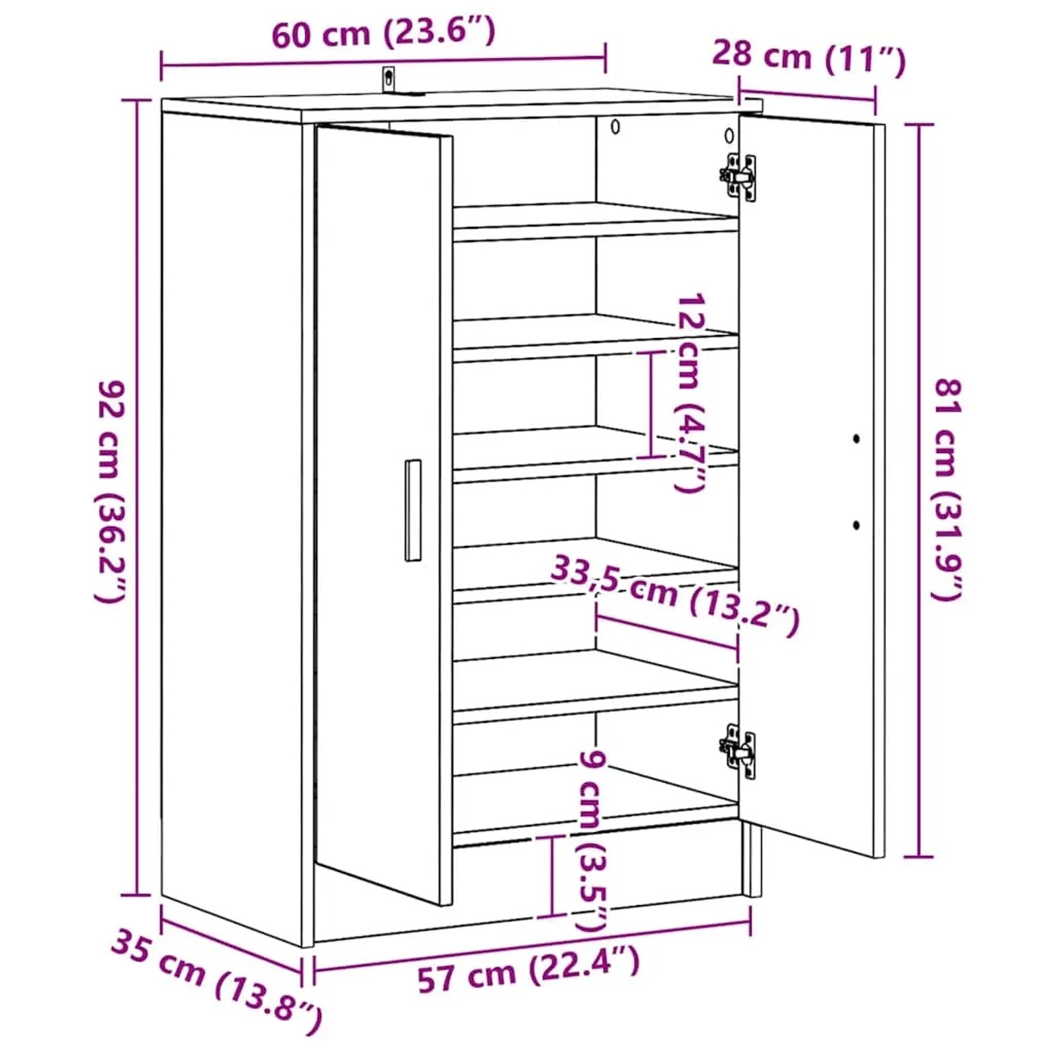 Schuhschrank Räuchereiche 60x35x92 cm aus Holzwerkstoff mit zwei Türen und mehreren Regalen.