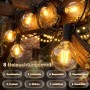 Salcar Solar G40 LED Lichterkette mit warmweißem Licht, 8 Modi, an Holzpergola für gemütliche Außenbeleuchtung.