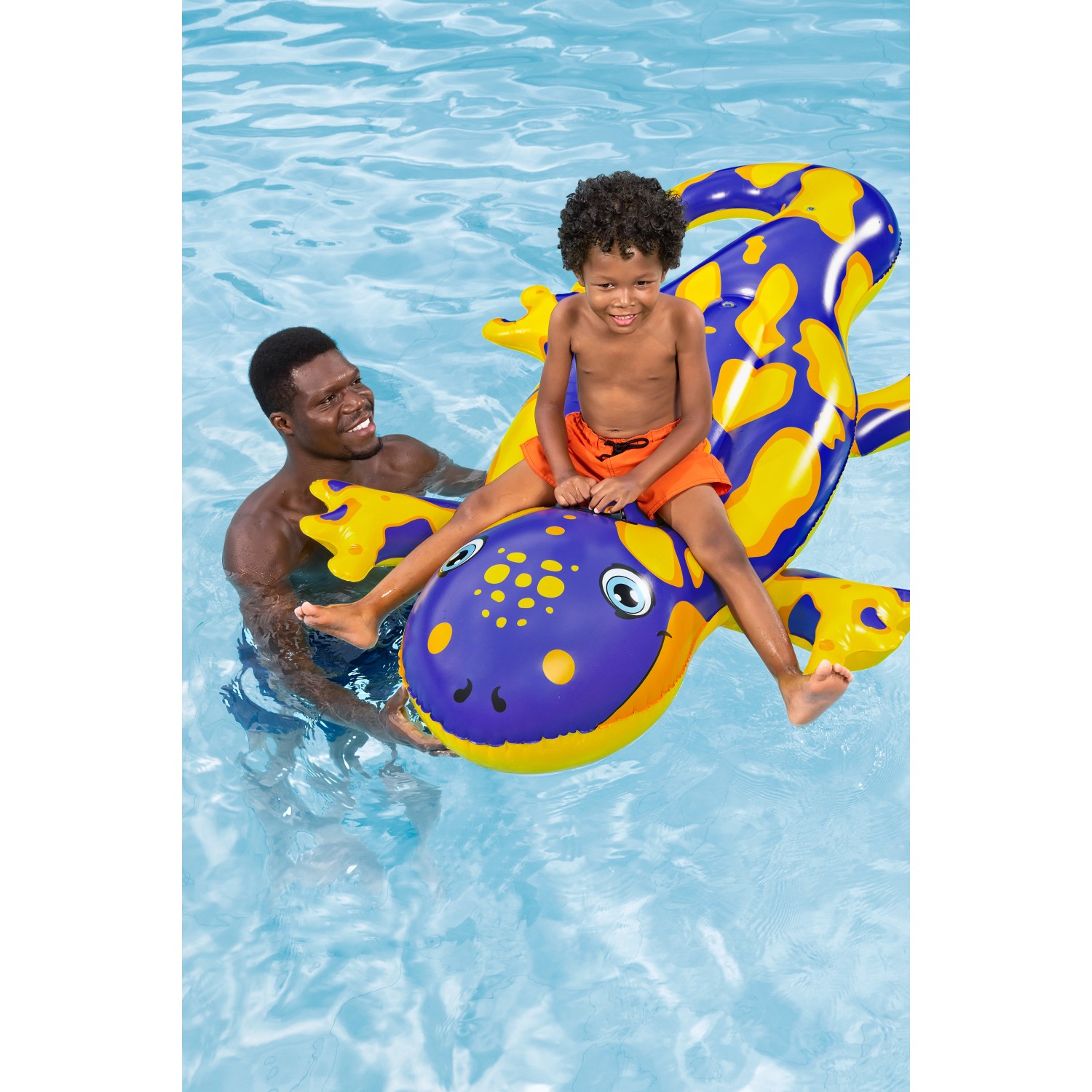 Bestway Schwimmtier Splashing Salamander mit Kind im Pool, blau-gelb, 191x119 cm.