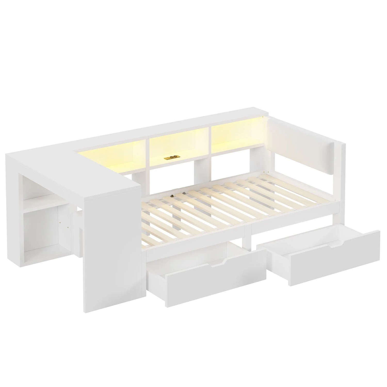 Merax Plattformbett 90x200 cm mit LED USB Schubladen Kopfteil Weiß