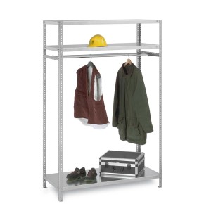 Lichtgraues PROREGAL Garderobenregal mit Kleidung, Schuhen und Werkzeugkoffer.