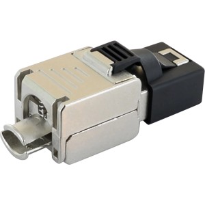 Schwaiger CAT6A Mini RJ45 Netzwerkstecker aus Metall für werkzeuglose Montage, silber-schwarz.