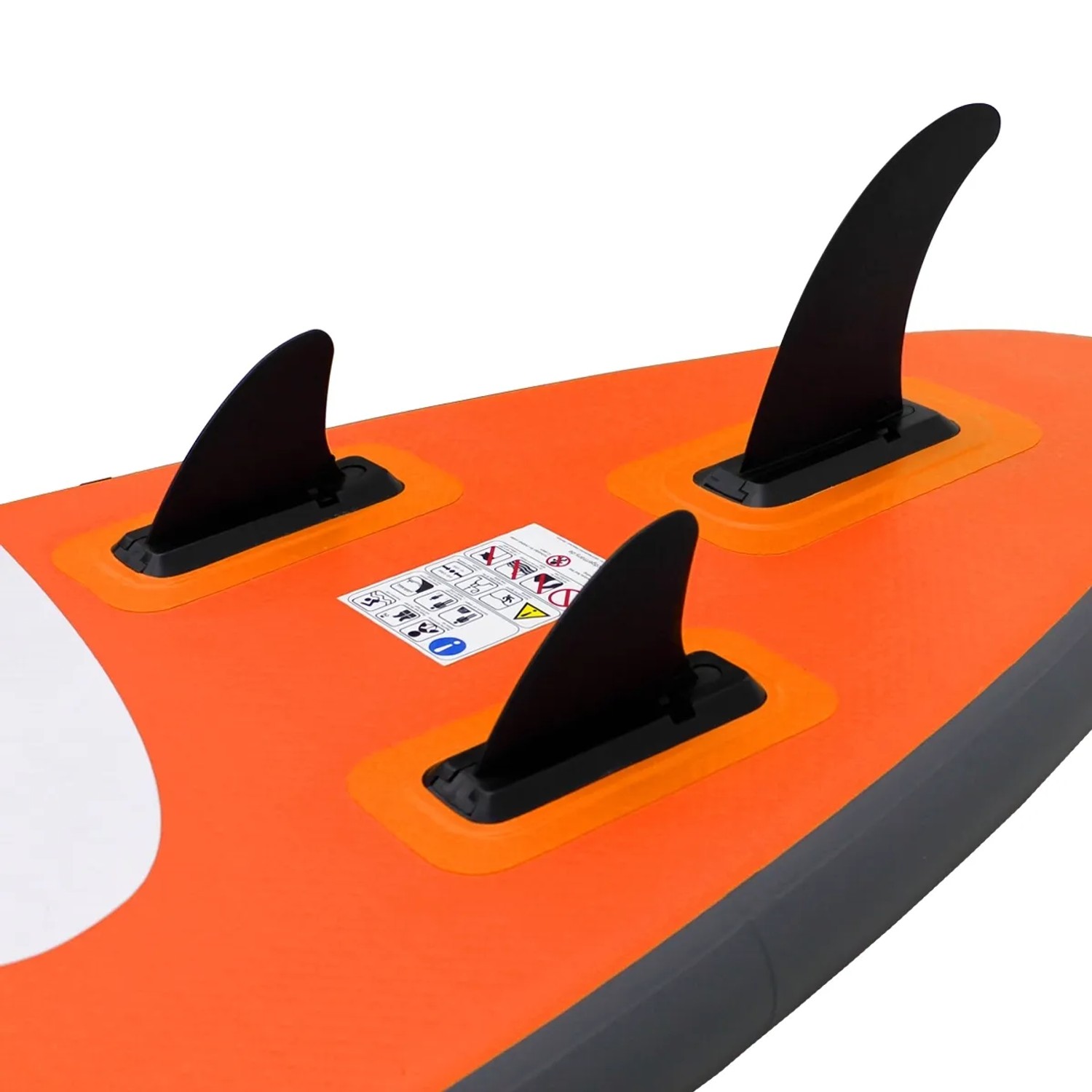 Detailansicht der drei Finnen am ECD Germany Stand Up Paddle Board Makani, orange.