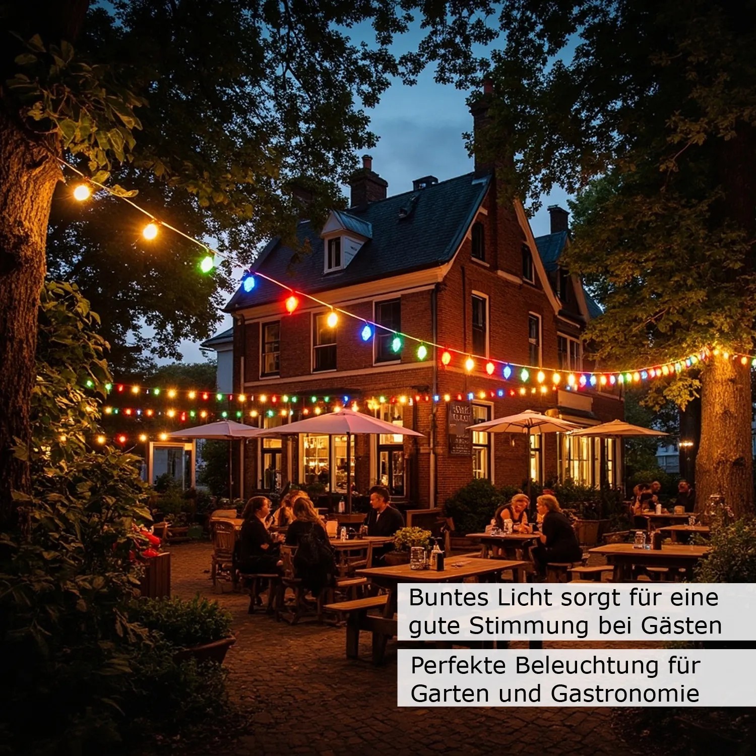 Bunte LED Partylichterkette 20m mit 30 Kugellampen beleuchtet gemütlichen Biergarten bei Nacht. Ideal für Außen, Terrasse.