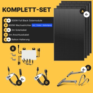 Solakon Balkonkraftwerk 2000W Solaranlage mit Balkonhalterung Steckerfertig Komplettset Photovoltaik 800W Kabellänge 5m
