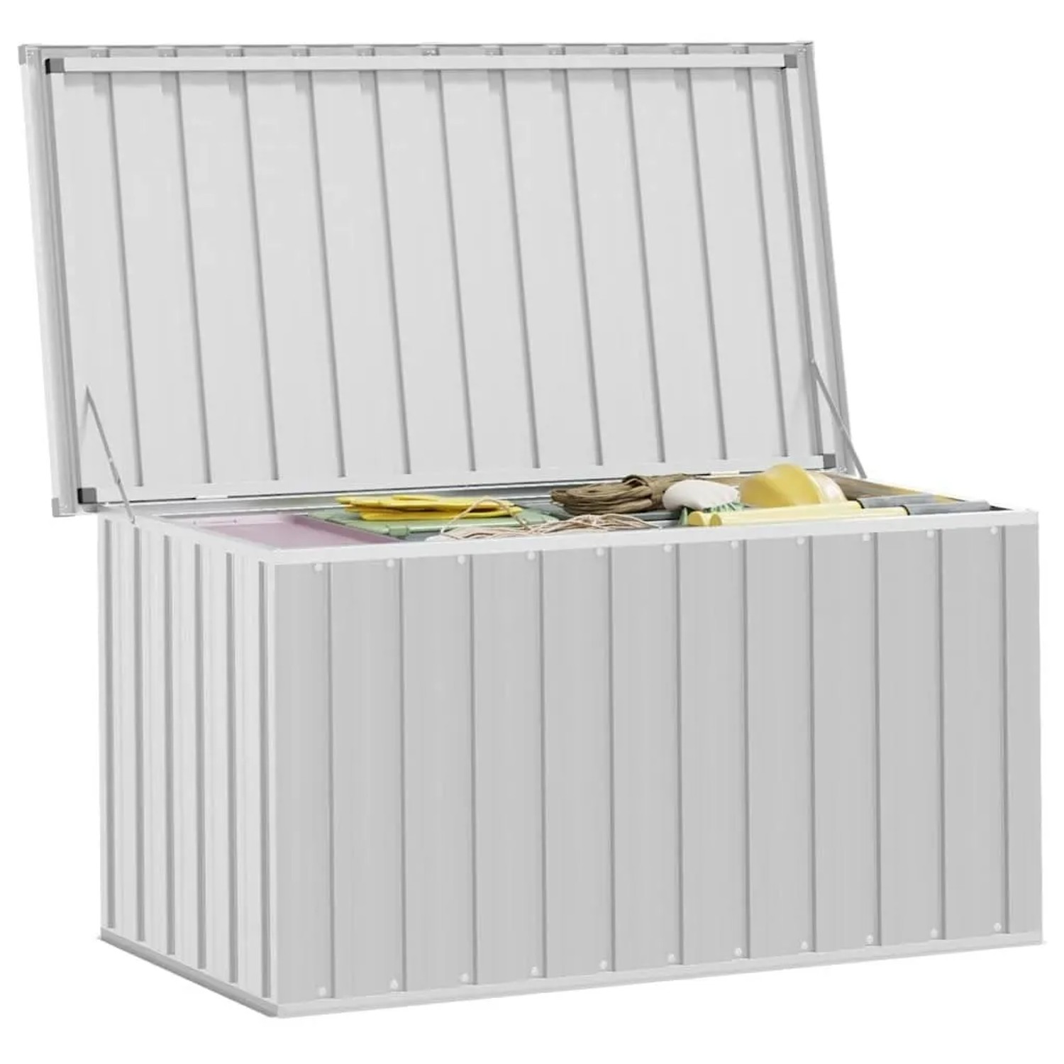 Geöffnete Furnicato Gartenbox, grau, 129x67x65 cm, zur Aufbewahrung im Garten.
