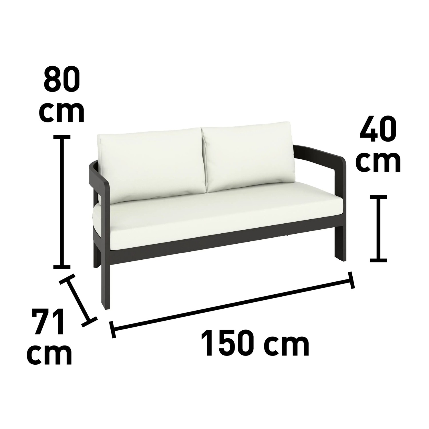 Lounge-Bank Sorreno, Teil der 4-teiligen Lounge-Gruppe, Aluminium Anthrazit-Weiß, mit Maßangaben.