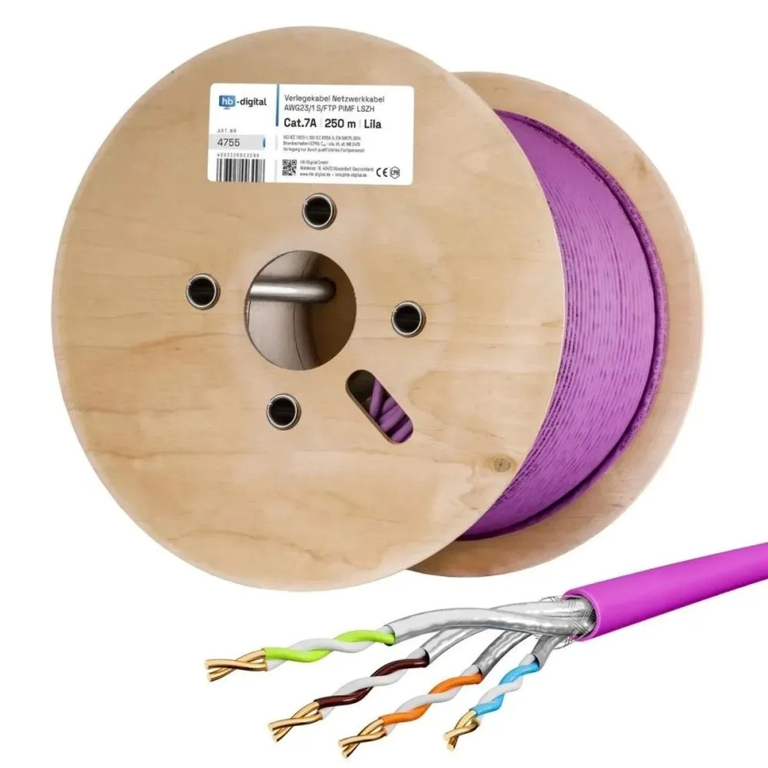 hb-digital Netzwerkkabel CAT 7a Verlegekabel max. 1200 MHz S/FTP AWG23 LSZH 250m Lila