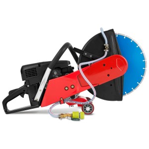 EBERTH Benzin Trennschleifer mit rotem Gehäuse, schwarzem Motor und blauer 350mm Trennscheibe.