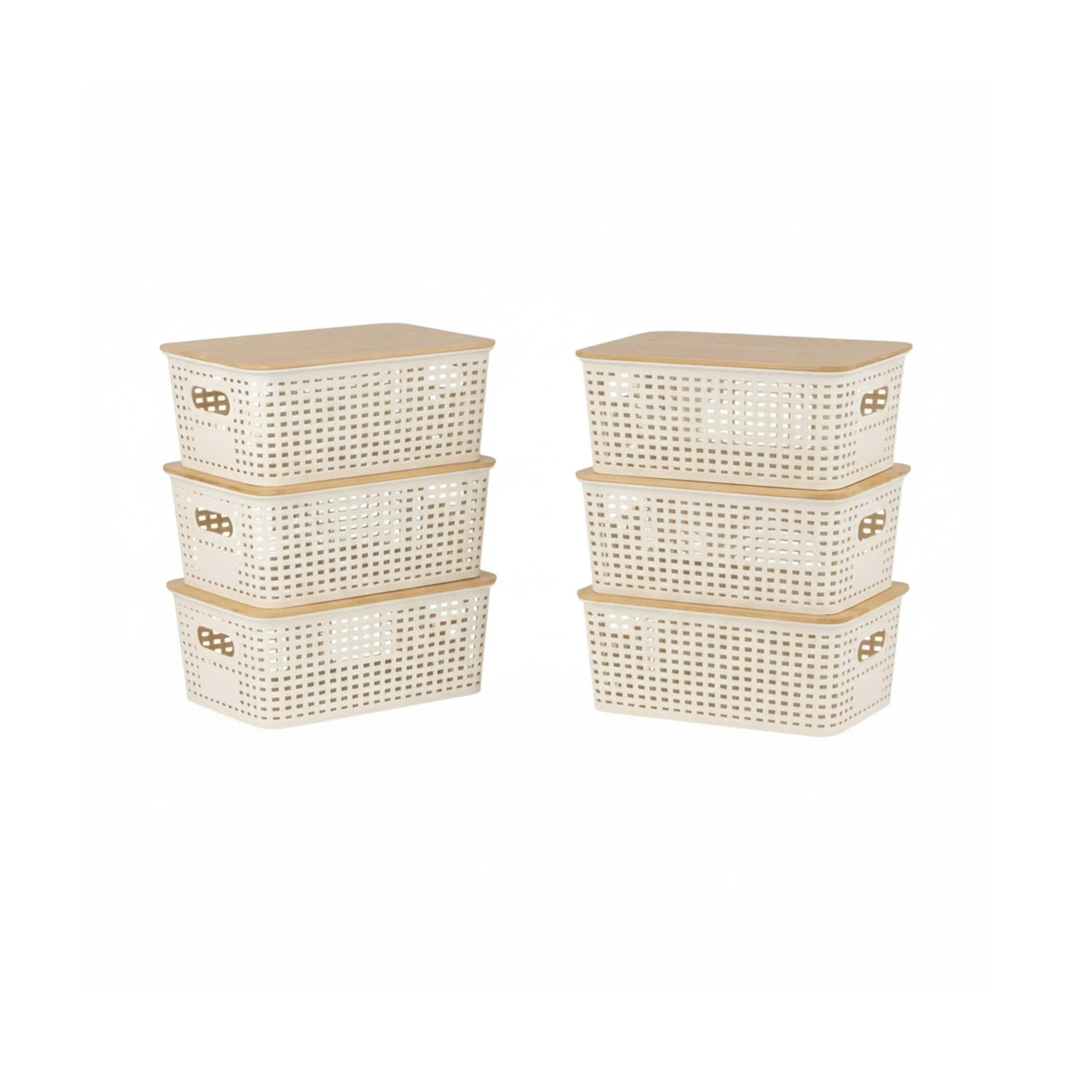 Relaxdays Aufbewahrungsbox Kunststoff Bambus Weiß 6er-Pack mit Bambusdeckel 10,5 cm x 25,5 cm x 18 cm