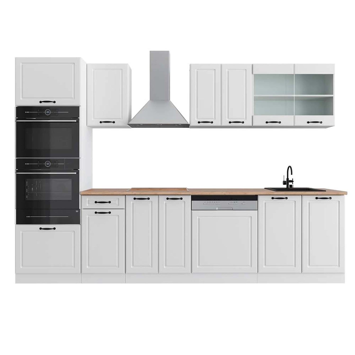 Vicco R-Line Küchenzeile Weiß Landhaus/Weiß 300 cm mit HochschrankAP Eiche günstig online kaufen