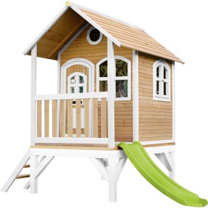 Axi Tom Spielhaus aus Holz in Braun-Weiß mit lindgrüner Rutsche. Ideal für den Garten.