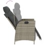 Verstellbarer Gartenstuhl aus grauem Poly Rattan mit Kissen, Teil einer 7-tlg. Essgruppe.