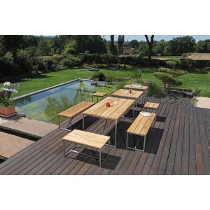 Natur24 Gartentisch Skyline aus Teakholz und Edelstahl, 160x90 cm, mit passenden Bänken.