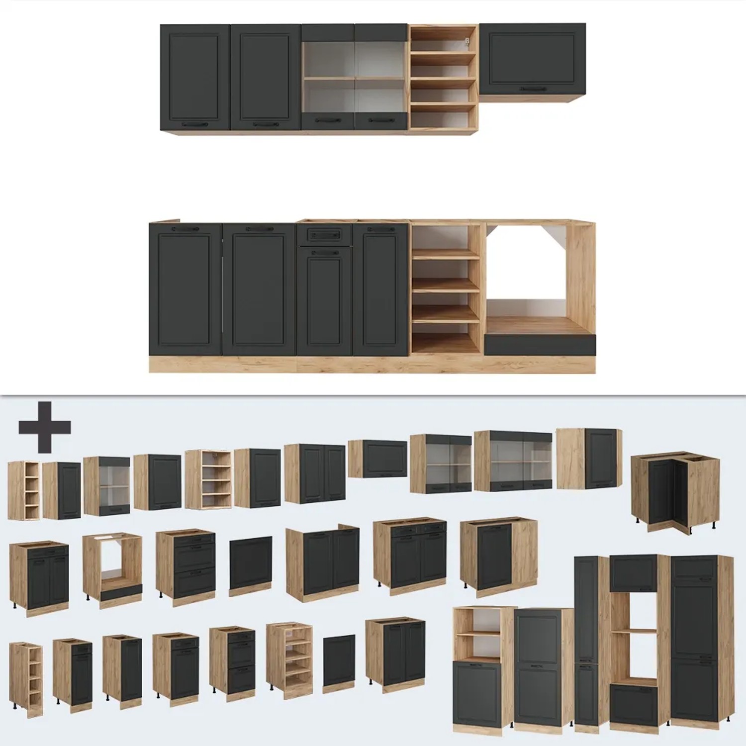 Vicco R-Line Küchenzeile, 240 cm, Anthrazit/Eiche Dekor, mit Marmor Arbeitsplatte und verschiedenen Modulen.