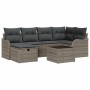 Graues 7-teiliges vidaXL Garten-Sofa-Set aus Poly Rattan mit Kissen und Stauraum.