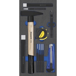 Matador Werkzeugmodul Mechaniker-Satz, 11-teilig mit Hammer, Meißel, Maßband, Cutter und LED-Lampe.