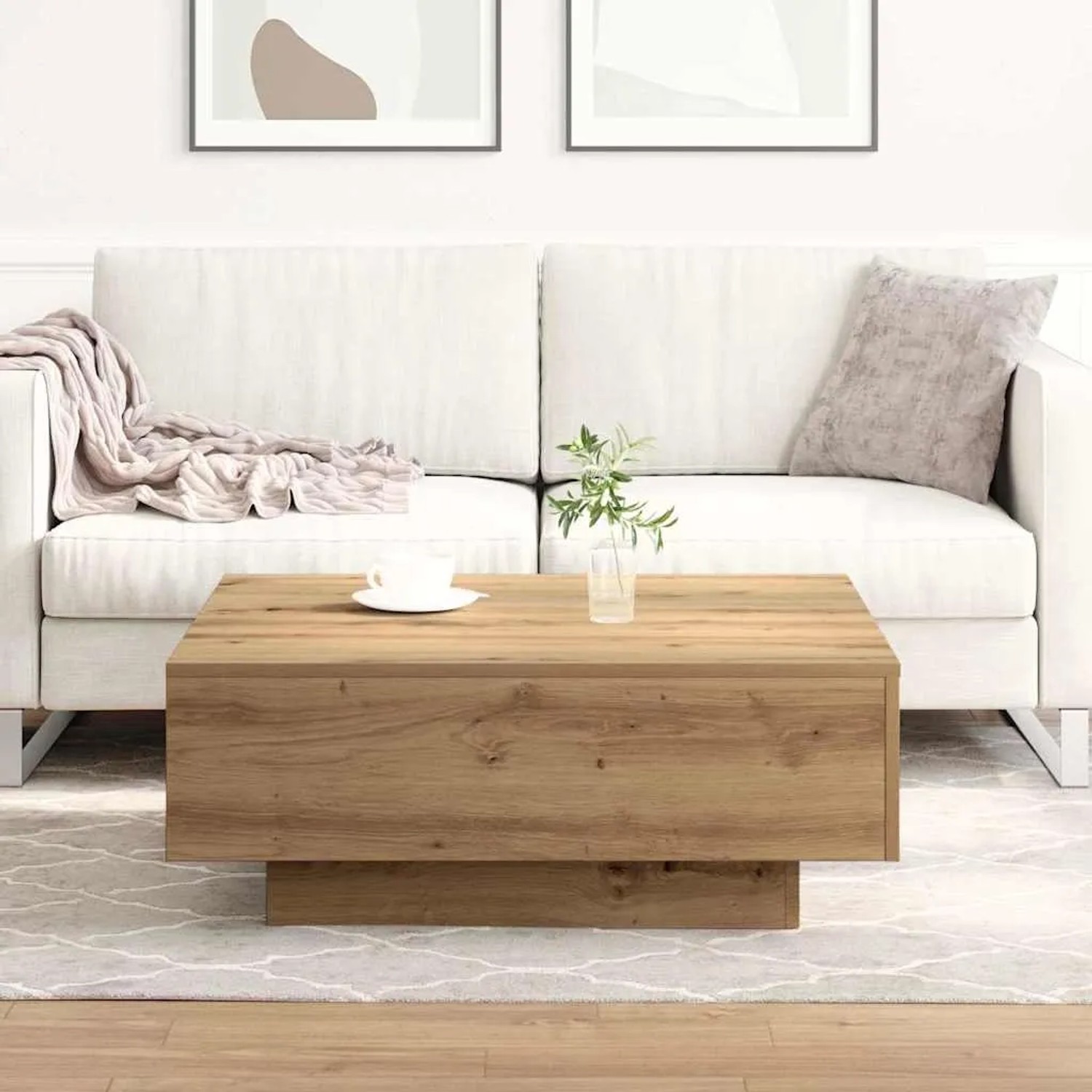 Quadratischer Couchtisch Artisan-Eiche aus Holzwerkstoff, 80x80 cm, im modernen Wohnzimmer.