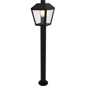Schwarze Außenwegeleuchte Vigevano mit klarem Lampenschirm und E27 Fassung.