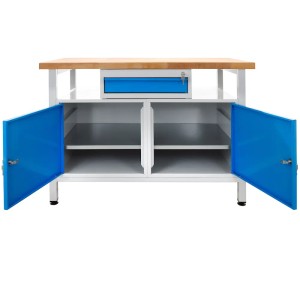 PROREGAL Werkbank Rhino, lichtgrau/lichtblau, mit Schublade, 2 Türen und Buchenholzplatte.