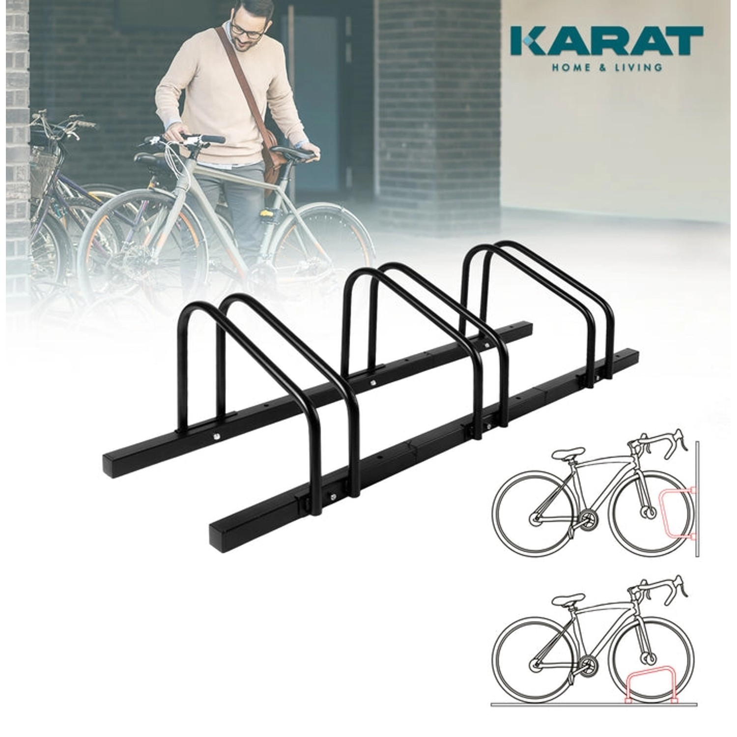 Schwarzer KARAT Fahrradständer Linus für 3 Fahrräder, zur Boden- oder Wandmontage.