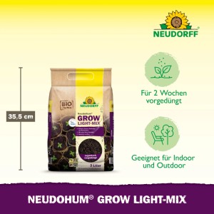 Neudorff NeudoHum Grow Light-Mix 3 l torffreie Erde. Brauner Beutel mit gelb/lila Design, zeigt Erde & Keimlinge. Für Indoor/Outdoor.