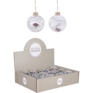 Transparente Glaskugel mit Kiefernzapfen, 8 cm Durchmesser, Weihnachtsdekoration.