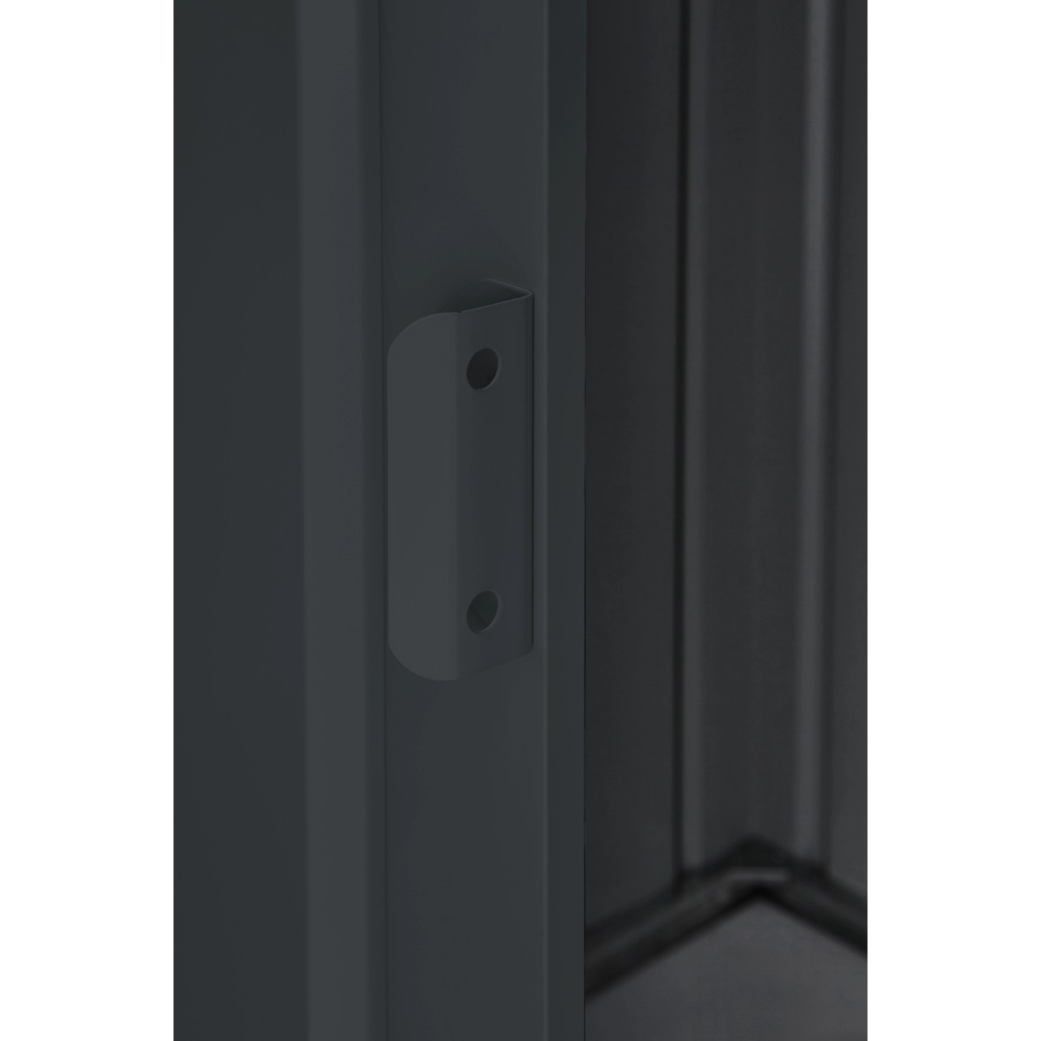 Detailaufnahme: Anthrazitfarbenes Metall-Gerätehaus, Türgriff.